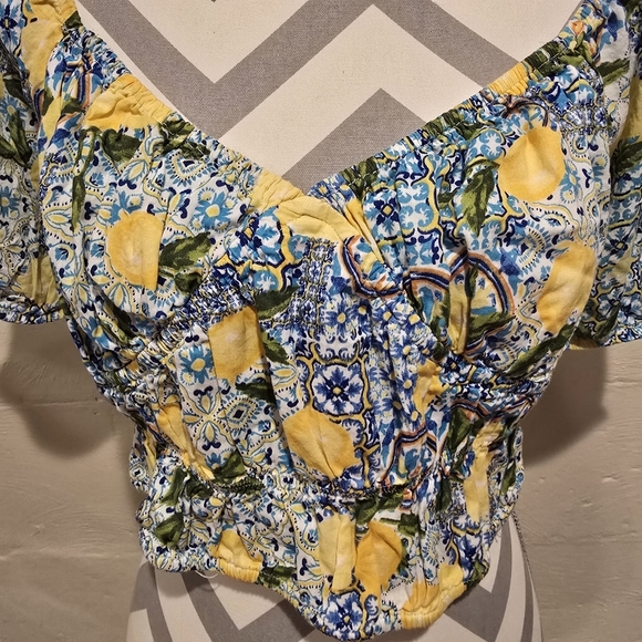 Primark Women’s Yellow Blue Multicolor Crop Top Blouse Short Sleeves Size US 12. - Picture 4 of 10